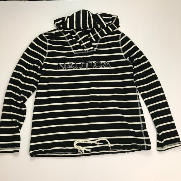 NAUTICA LARGE Cotton Blend Black White Pullover V-Neck Hoodie Top - Picture 2 of 7